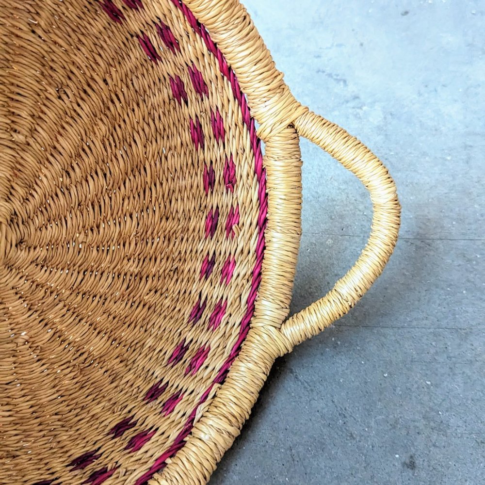 Vintage Tan Pink Purple Woven Wicker Straw Basket with Handles - Picture 5 of 7